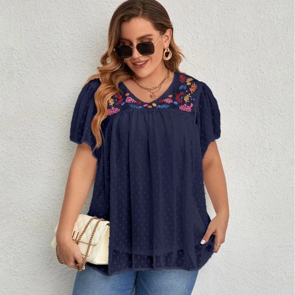 SHEIN Tops - Shein Plus Size Floral Embroidery Swiss Dot Butterfly Sleeve Chiffon Blouse - 1X